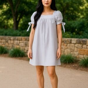 NWT Frame denim Cotton babydoll Blue White striped tie Sleeve Shift Dress